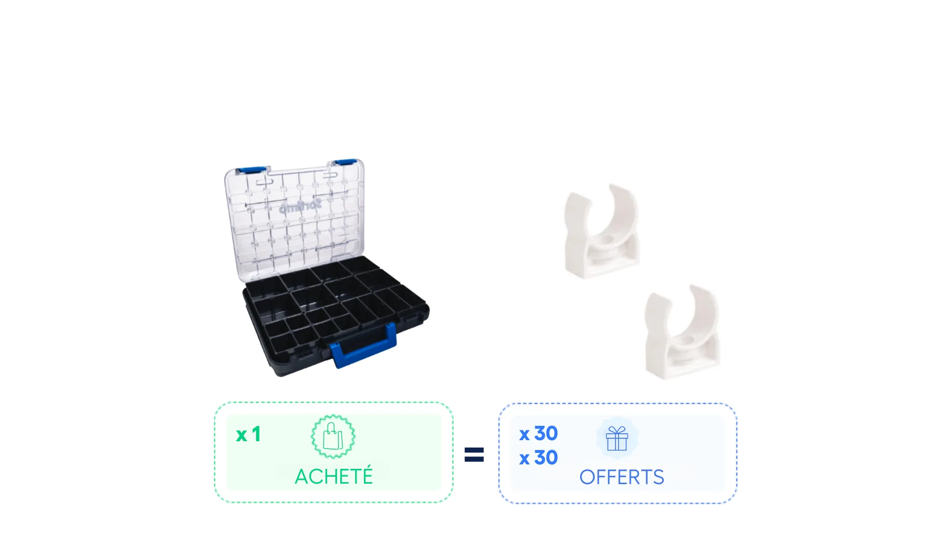 Pack : Mallette de rangement + 30 Clip tuyau de condensat Ø 32mm + 30 Clip Ø 20mm