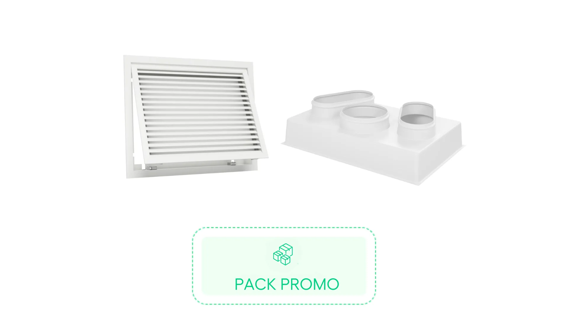 Kit grille de reprise avec porte filtre et charnière 625x400mm- Blanc + Plénum de reprise ABS 625x400 - 2 piquages Ø 250 & 1 piquage Ø 20
